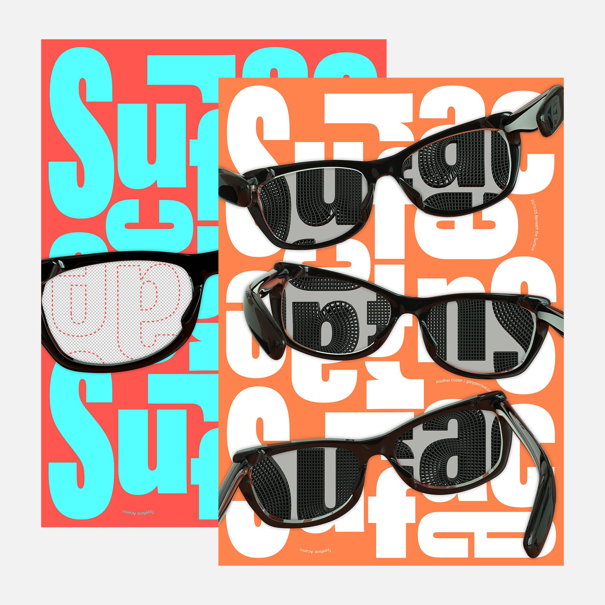 Two typographic posters with black wraparound glasses overlaid; one orange and white, one teal and red, both showing letters visible through the lenses.