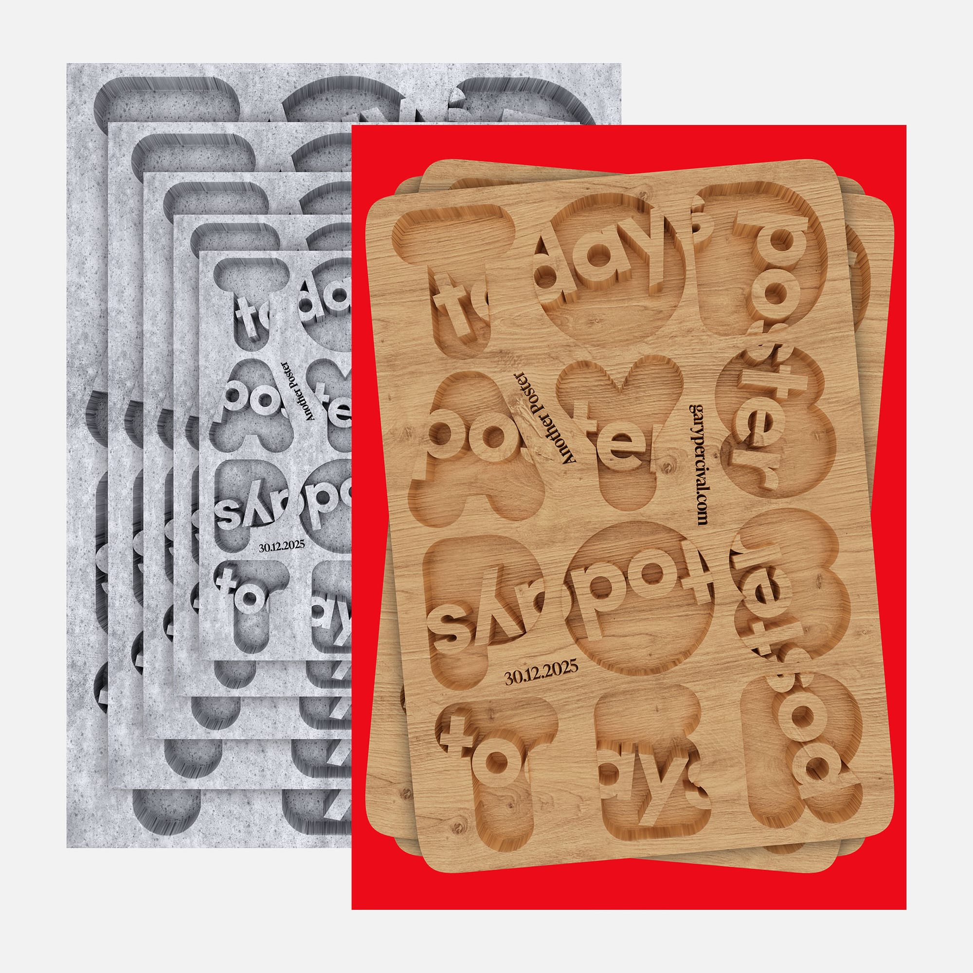 “Concrete and oak poster sheets layered together on a red backdrop, carved letterforms cut through each plate.”