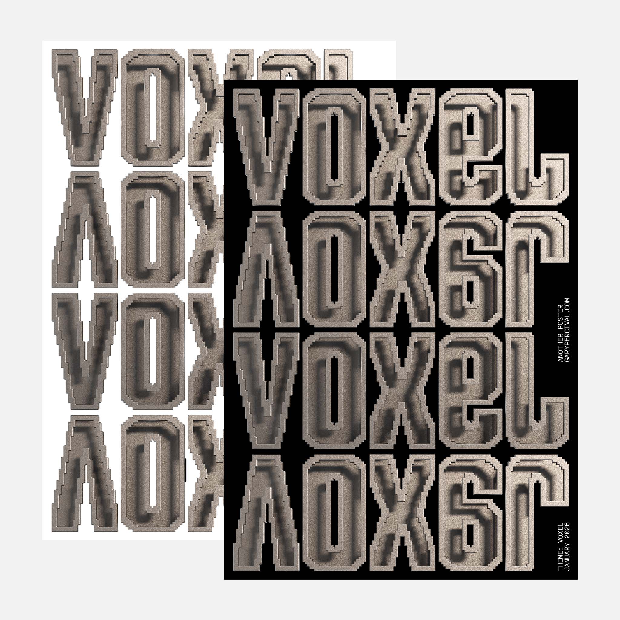 Two versions of the Voxel poster shown side by side, featuring stepped, metal-textured 3D letterforms spelling “VOXEL”.