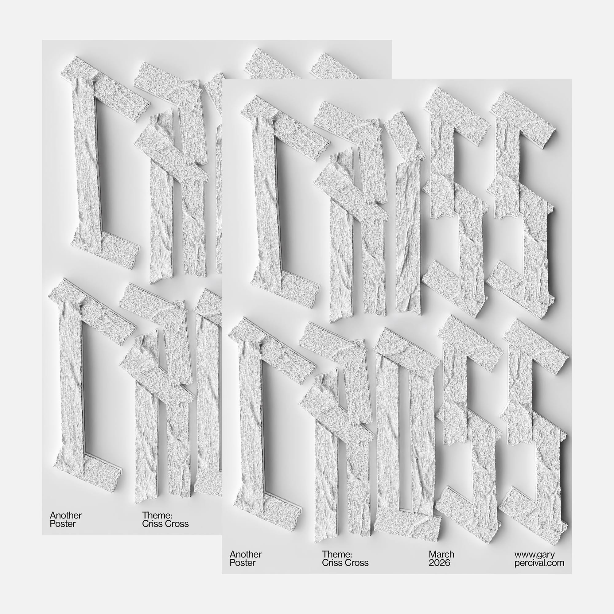 Minimal typographic poster built from repeated crossing strips creating structured letterforms.