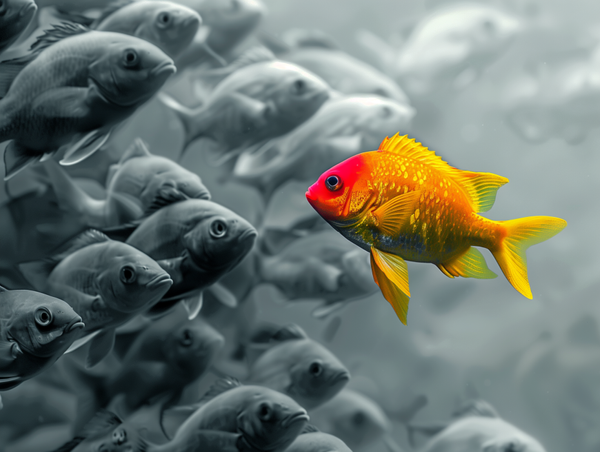 Goldfish swims opposite monochrome school, vivid metaphor for individuality amidst conformity.
