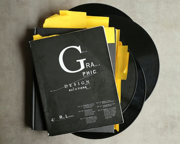 Stack of black books and vinyl records with yellow bookmarks, featuring a book titled 'Graphic Design Solutions' on top.