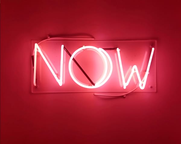 Neon sign spelling "NOW" in cursive on a bright red background.