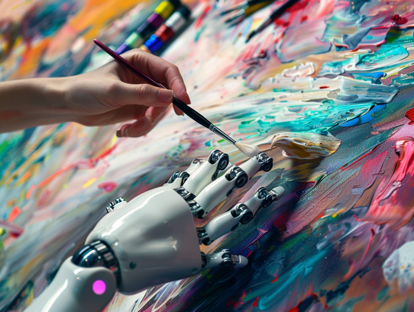 A human hand and a robotic hand collaborate on a vibrant painting.