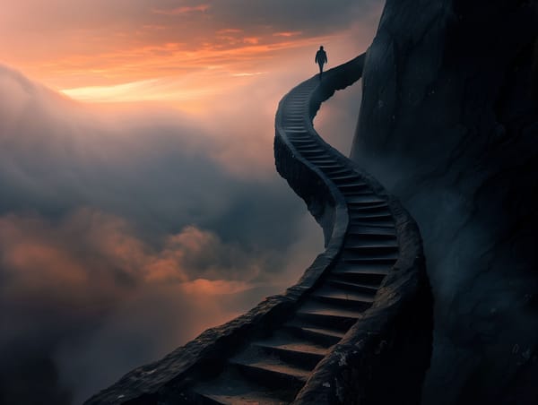 A lone figure climbing a winding staircase carved into a mountain, ascending towards a vibrant sunset amidst a sea of clouds.