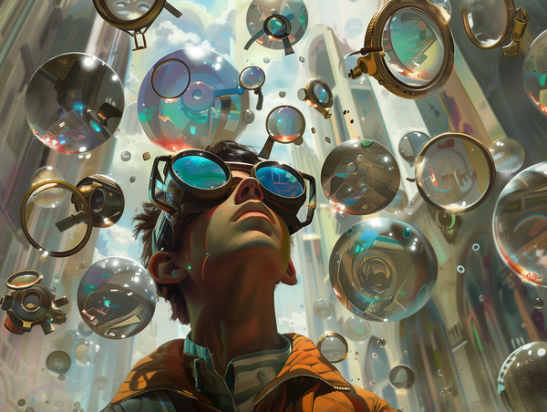 A person in futuristic goggles looks at floating viewfinders in a surreal cityscape, symbolizing diverse perspectives.