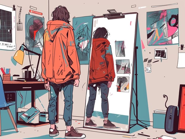 A person in an orange hoodie stands in front of a mirror in a cluttered art studio, reflecting on abstract artwork.