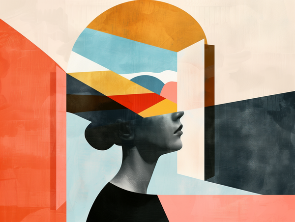 Abstract art of a person’s silhouette with colorful, geometric patterns representing optimism and complexity.
