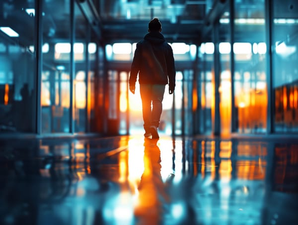 A person confidently walks through a modern building towards a bright sunset, symbolising the journey of a creative career.