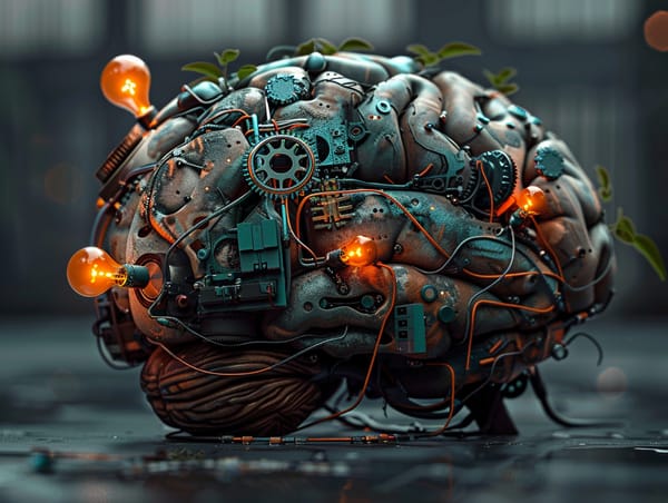 Hyper-realistic 3D render of a human brain with gears, circuits, and glowing bulbs symbolising creative innovation.