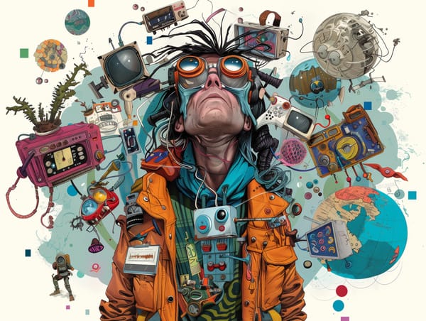 Whimsical self-portrait of an eccentric inventor surrounded by eclectic gadgets and futuristic devices.