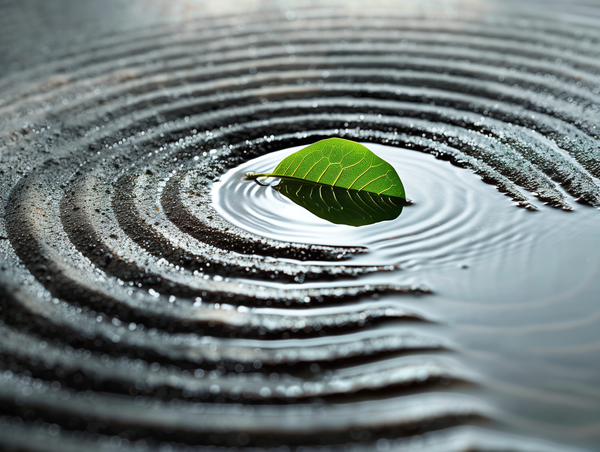 A single green leaf floating on water, creating serene ripples in a zen garden scene.