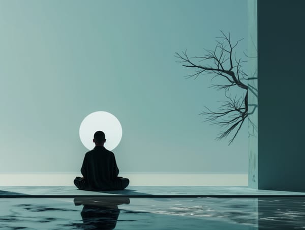 A person meditates facing a circular light, with a barren tree’s shadow on a minimalist background, evoking simplicity.