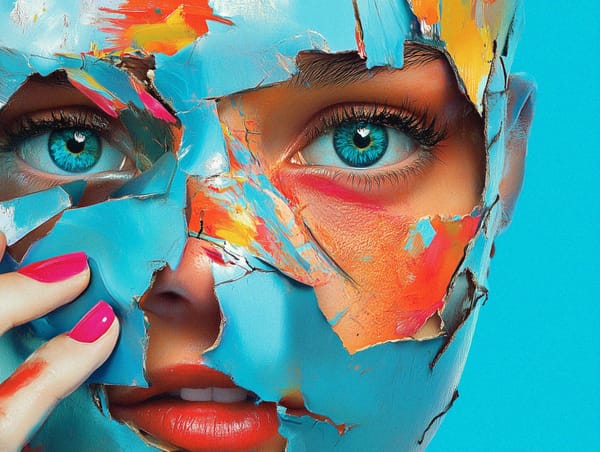 Surreal illustration of a person removing a cracked, colourful mask to reveal their true face, symbolising authenticity.