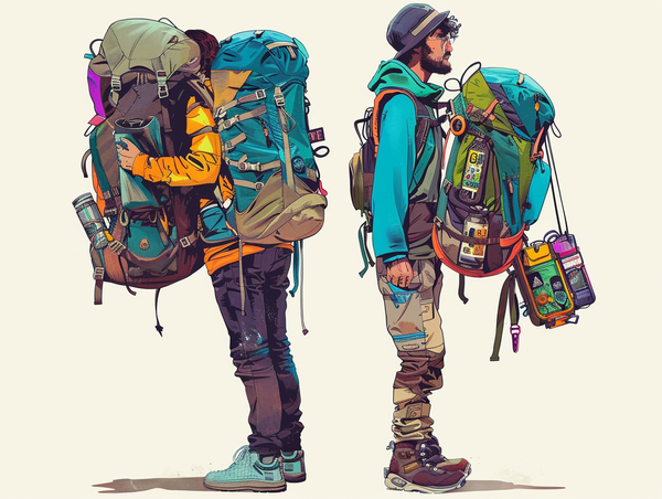 Two backpackers standing back-to-back, representing the contrast between showing interest and fully committing to a journey.