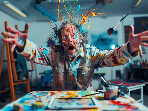 An artist in a vibrant studio, frantically juggling paint and brushes, capturing the unpredictable nature of creativity.