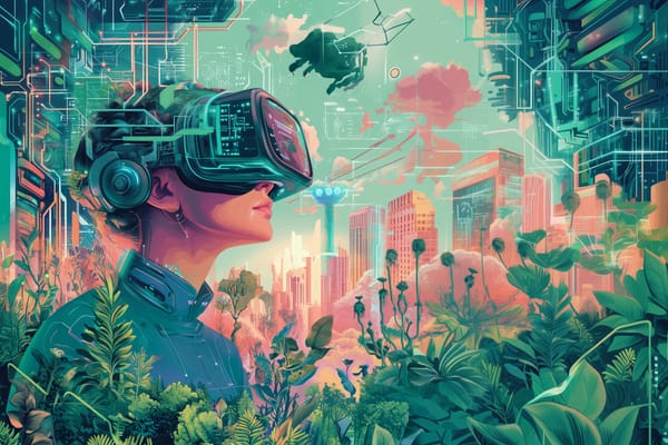 Woman in VR headset explores futuristic eco-city, blending tech and nature in vibrant digital art of sustainable urban future