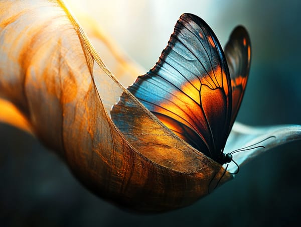 A vibrant butterfly with glowing orange and blue wings rests gracefully on a delicate golden leaf in soft, ethereal light.