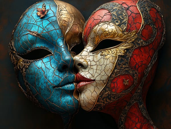 Two intricately designed Venetian masks with cracked textures, symbolise transformation and growth through honest feedback.