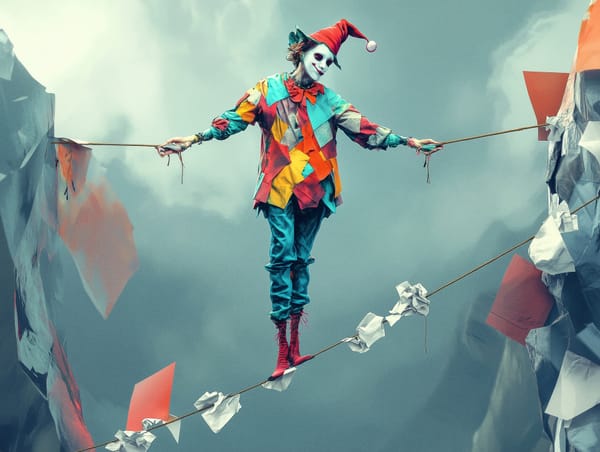 Colourful jester on a tightrope between cliffs, symbolising the risk and reward of embracing discomfort for creative growth.