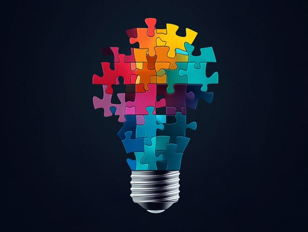 A lightbulb made of colourful puzzle pieces symbolises how shared ideas lead to innovation and creative collaboration.