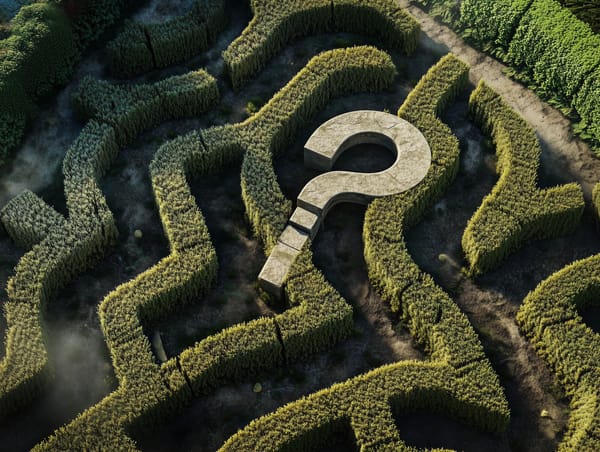 Aerial view of a complex hedge maze with a large stone question mark at its centre, symbolises confusion and decision-making.