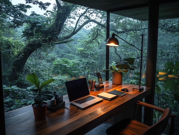 A minimalist desk by a window overlooking a lush forest, symbolising how environment influences personal transformation.