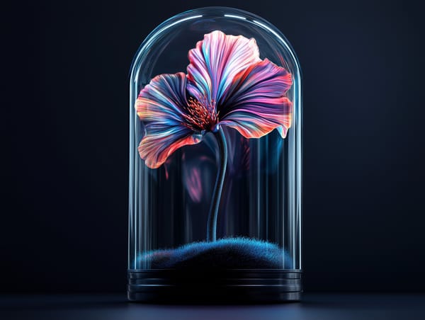 Vibrant flower blooming in a glass dome, symbolising quiet strength, creativity, and the growth of meaningful relationships.