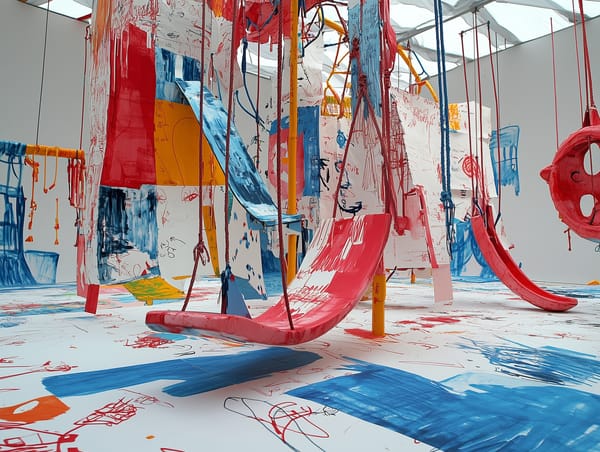 Abstract playground with colourful red, blue, and yellow panels, bold paint strokes, symbolising creativity and taking risks.