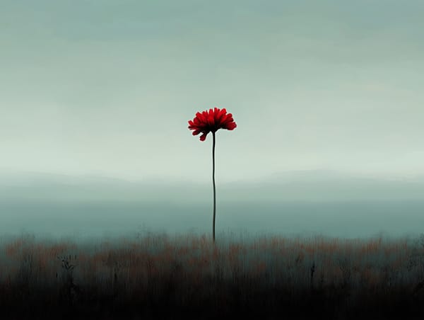 A single vibrant red flower standing tall in a muted meadow, with soft greens and browns blending into a serene background.