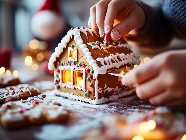 Hands decorating a gingerbread house with icing and candy, surrounded by festive cookies and glowing Christmas lights.