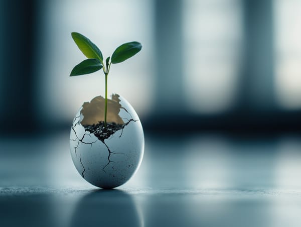 A small green plant sprouting from a cracked egg on a smooth surface, symbolising growth and resilience.