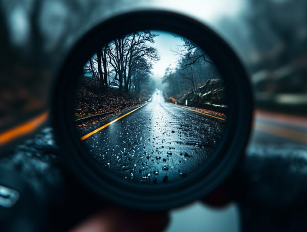 A wet road seen through a camera lens, with a blurred background, symbolising clarity through action.