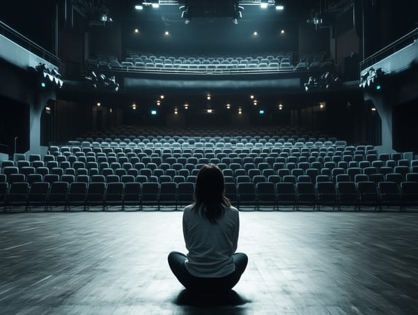 A lone person sits cross-legged on a dimly lit theatre stage, facing empty seats, symbolising self-reflection and growth.