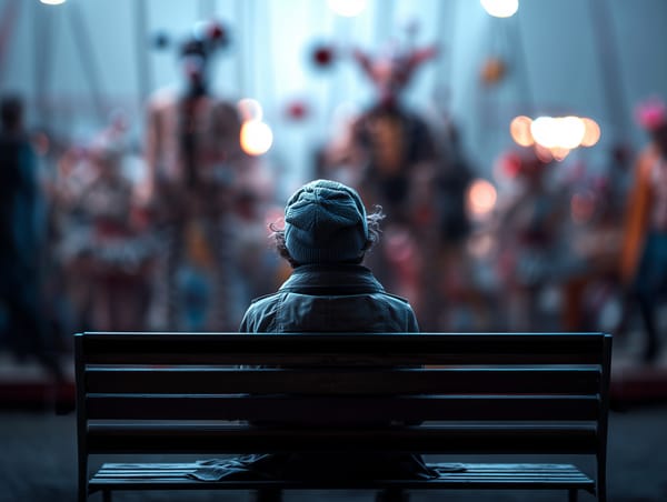 A lone person calmly sits on a bench, facing a blurred, chaotic circus scene filled with clowns and bright lights.