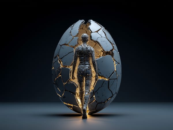 A humanoid figure steps forward from a glowing cracked shell, symbolising creative transformation and personal growth.