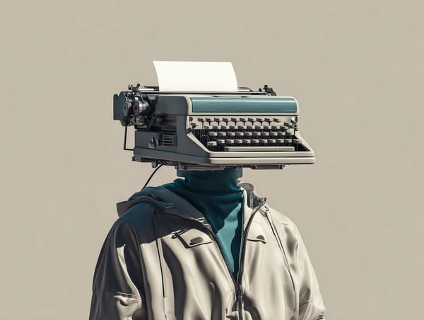 Surreal portrait of a person with a typewriter for a head, symbolising inherited beliefs and the power to rewrite your own story.