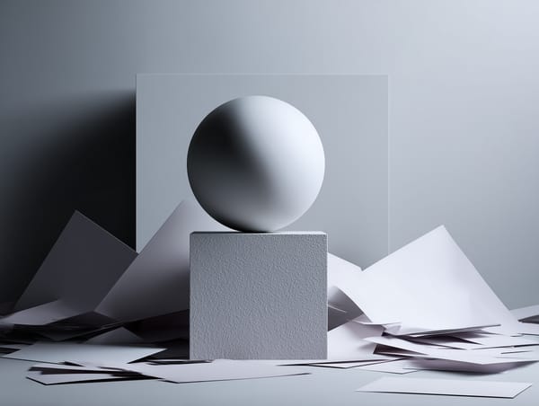 Minimalist composition of a sphere balanced on a cube amid scattered papers, symbolising reliability in creative work.