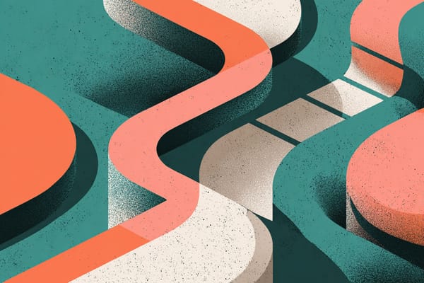 Abstract layered pathways in teal, peach, and cream, showing a flowing route that represents starting, adapting, and steady progress.