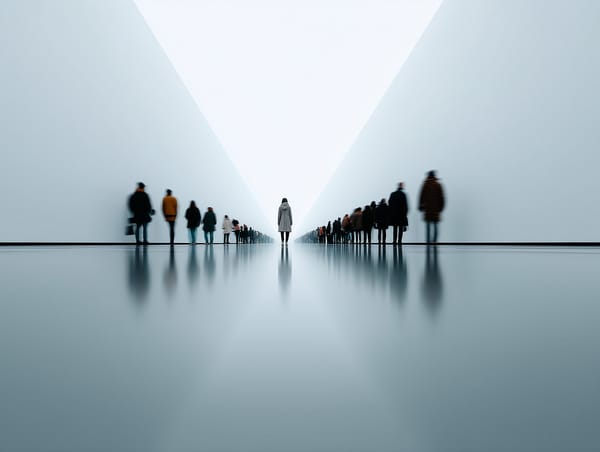 A lone figure stands ahead of a long blurred queue in a bright minimal space, symbolising recognition and early opportunity.