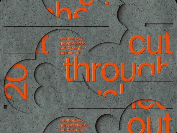 Typographic poster with carved concrete-like surface and circular cut-outs revealing bold orange text beneath.