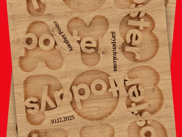 Poster carved into oak sheets with routed letterforms stacked on red background, typographic shapes cut through the wooden plates.