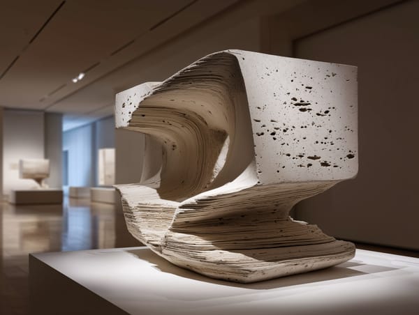 Layered stone sculpture shaped by pressure and time, with smooth carved curves emerging from compressed strata.