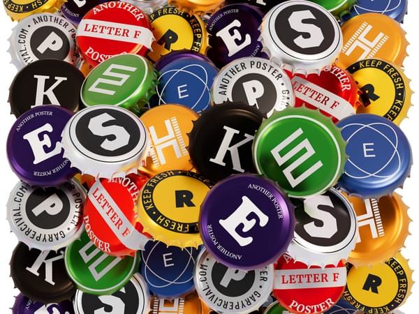 Dense arrangement of colourful bottle caps with bold letters and branding, tightly packed into a graphic, poster-style composition