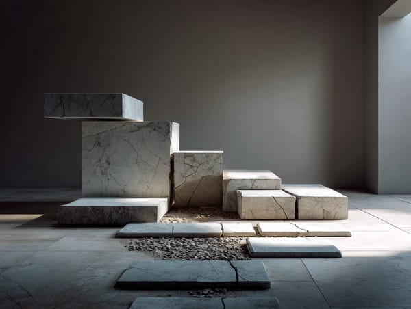 Stone blocks arranged as uneven steps in a quiet interior, showing structure built slowly through weight, repetition, and restraint