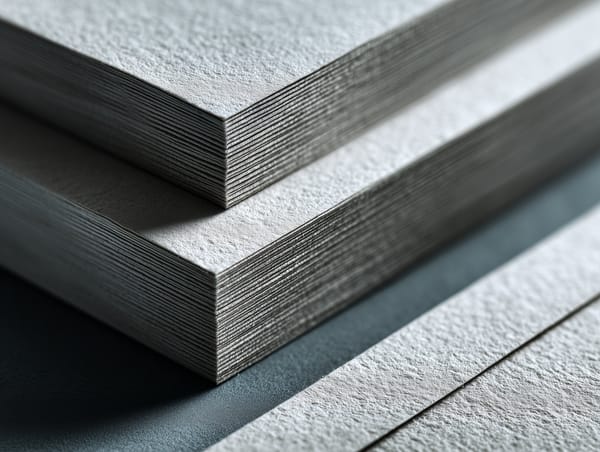 Stacked paper cards with exposed layered edges, lit softly to emphasise texture, repetition, and quiet craftsmanship.