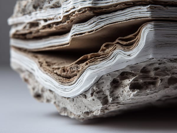 Layered handmade paper sheets stacked in rough cross-section, fibres and edges visible, showing slow built-up texture.