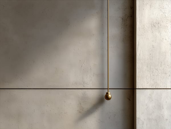 `A brass plumb line hangs taut against raw concrete wall, casting a thin shadow — stillness inside an imperfect surface.`