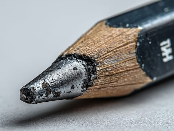 Close-up of a worn pencil tip with exposed graphite and rough wood, showing gradual wear through repeated use.