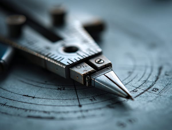 Close-up of metal compass drawing arcs on paper, showing precision, iteration, and focused problem-solving.